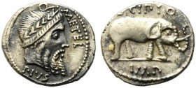Q. Caecilius Metellus Pius Scipio, Military mint traveling with Scipio in Africa, 47- Spring 46 BC. AR Denarius (18mm, 3.88g). Laureate head of Jupite...