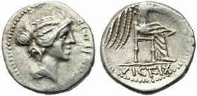 M. Porcius Cato, Utica, Spring 47- Spring 46 BC. AR Denarius (15mm, 3.92g). Draped female bust r. R/ Victory seated r., holding patera. Crawford 462/1...