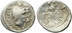 Roman Imperatorial, Mn. Cordius Rufus, Rome, 46 BC. AR Denarius (19mm, 4.09g). Conjoined heads of the Dioscuri r., wearing pilei with fillet surmounte...