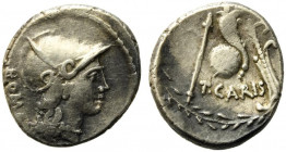 Roman Imperatorial, T. Carisius, Rome, 46 BC. AR Denarius (18mm, 4.02g). Rome. Head of Roma r., wearing ornate crested helmet. R/ Sceptre, cornucopia ...