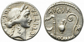 Julius Caesar, 46 BC. AR Denarius (17mm, 4.00g). Utica(?) mint. Head of Ceres r., wearing grain-ear wreath. R/ Emblems of the augurate and pontificate...