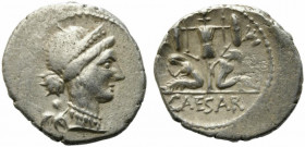 Julius Caesar, military mint in Spain, late 46-early 45 BC. AR Denarius (20mm, 3.75g). Diademed head of Venus r., with Cupid over her shoulder. R/ Tro...