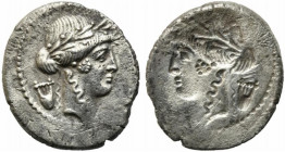 Roman Imperatorial, P. Clodius M.f. Turrinus, Rome, 42 BC. Brockage AR Denarius (19mm, 3.70g). Laureate head of Apollo r.; lyre behind. R/ Incuse of o...