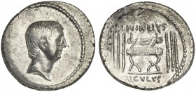 Roman Imperatorial, L. Livineius Regulus, Rome, 42 BC. AR Denarius (19mm, 3.48g, 7h). Head of the praetor Livineius Regulus r. R/ Modius between two g...