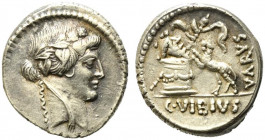 Roman Imperatorial, C. Vibius Varus, Rome 42 BC. AR Denarius (18mm, 4.16g). Head of Bacchus r., wearing wreath of ivy and grapes. R/ Panther springing...