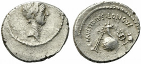 Julius Caesar, Rome, 42 BC. AR Denarius (19mm, 4.11g). L. Mussidius Longus, moneyer. Wreathed head of Caesar r. R/ Rudder, cornucopia on globe, winged...