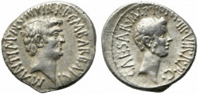 Mark Antony and Octavian, Ephesus, Spring-early summer 41 BC. AR Denarius (19.5mm, 3.83g). M. Barbatius Pollio, quaestor pro praetore. Bare head of Ma...