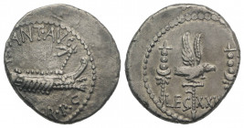 Mark Antony, Patrae(?), Autumn 32-spring 31 BC. AR Denarius (17.5mm, 3.83g, 12h). Legionary type. Galley r. R/ LEG XXII, legionary aquila between two ...