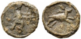 Roman PB Tessera, c. 1st century BC - 1st century AD. Diana advancing r., shooting arrow from bow. R/ Stag leaping r. VF