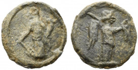 Roman PB Tessera, c. 1st century BC - 1st century AD (14mm, 1.95g). Fortuna standing l., holding rudder and cornucopiae. R/ Victory standing r., holdi...