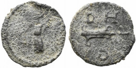 Roman PB Tessera, c. 1st century BC - 1st century AD (19mm, 3.34). Fortuna(?) standing l. R/ DH / G, Rudder. VF