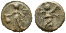 Roman PB Tessera, c. 1st century BC - 1st century AD (9mm, 0.72). Mercury standing l., holding purse and caduceus. R/ Victory advancing r., holding wr...