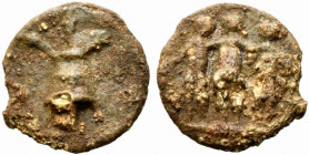 Roman PB Tessera, c. 1st century BC - 1st century AD (17mm, 3.57g). The Three Graces. R/ Modius containing three corn-ears. Rostowzew 358. Near VF