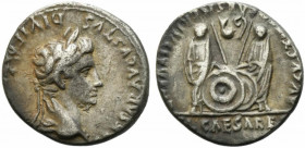 Augustus (27 BC-AD 14). AR Denarius (18mm, 3.63g). Lugdunum, 2 BC-AD 4. Laureate head r. R/ Caius and Lucius Caesars standing facing, holding shields ...