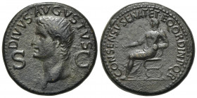 Divus Augustus (died AD 14). Æ Dupondius (28.5mm, 13.21g, 6h). Rome, 37-41. Radiate head of Divus Augustus l. R/ Augustus(?), laureate and togate, sea...