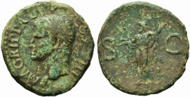 Agrippa (died 12 BC). Æ As (29mm, 9.25g). Rome, AD 37-41. Head l., wearing rostral crown. R/ Neptune standing l., holding small dolphin and trident. R...