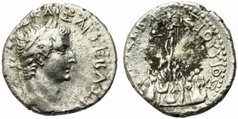 Tiberius (14-37). Cappadocia, Caesarea. AR Drachm (17mm, 3.53g). Laureate head r...