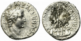 Tiberius (14-37). Cappadocia, Caesarea. AR Drachm (17mm, 3.53g). Laureate head r. R/ Mount Argaeus with radiate figure holding globe and sceptre. Syde...