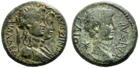 Gaius (Caligula, 37-41). Lydia, Philadelphia. Æ (17mm, 4.24g). Hermogenes, victor in the Olympic Games. Bare head of Gaius r. R/ Jugate laureate and d...