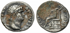 Nero (54-68). AR Denarius (16mm, 2.47g). Rome, c. 67-8. Laureate head r. R/ Jupiter seated l., holding thunderbolt and sceptre. RIC I 69; RSC 123. Goo...