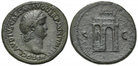 Nero (54-68). Æ Sestertius (35mm, 21.34g, 6h). Rome, c. AD 64. Laureate head r. R/ Triumphal arch surmounted by statue of emperor in quadriga accompan...