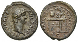 Nero (54-68). Æ Semis (19mm, 3.77g). Rome, AD 64. Laureate head r. R/ Table, seen from front and r., bearing urn and wreath, flanking S (mark of value...