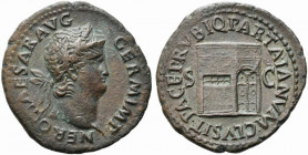 Nero (54-68). Æ As (30mm, 9.99g). Rome, c. AD 66. Laureate head r. R/ Three-quarter view of the Temple of Janus, garland hung across double doors to r...