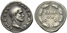Galba (68-69). AR Denarius (19mm, 3.41g). Rome, c. July AD 68-January AD 69. Bare head r. R/ S P Q R/ OB/ C S in three lines within oak wreath. RIC I ...