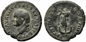 Titus (79-81). Fourrèe Denarius (19mm, 2.62g). Rome, AD 80. Laureate head l. R/ Dolphin coiled around anchor. RIC II 113; RSC 310. VF