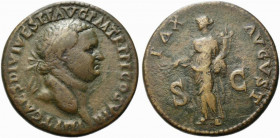 Titus (79-81). Æ Sestertius (34mm, 24.78g). Balkan mint, 80-1. Laureate head r. R/ Pax standing l., holding branch and cornucopia. RIC II 498; RPC II ...