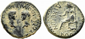 Titus and Domitian (Caesares, 69-81). Lycaonia, Laodicea Combusta. Æ (19mm, 5.74g). Confronted bare heads of Titus and Domitian. R/ Cybele seated l., ...