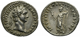Domitian (81-96). AR Denarius (20.5mm, 3.29g, 6h). Rome, AD 87. Laureate head r. R/ Minerva standing l., holding thunderbolt and spear, shield at feet...