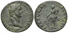 Domitian (81-96). Æ As (28mm, 10.74g, 6h). Rome, AD 87. Laureate head r. R/ Fortuna standing l., holding rudder and cornucopia. RIC II 544. Some rough...