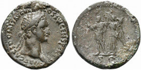 Domitian (81-96). Æ Sestertius (34mm, 25.37g, 6h). Rome, 92-4. Laureate head r. R/ Domitian standing l., holding thunderbolt and spear, being crowned ...