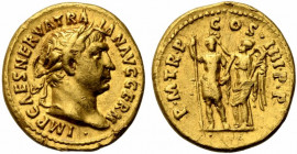 Trajan (98-117). AV Aureus (20mm, 7.20g). Rome, AD 102. Laureate head r. R/ Trajan on l., standing facing, holding spear and parazonium, crowned by Vi...