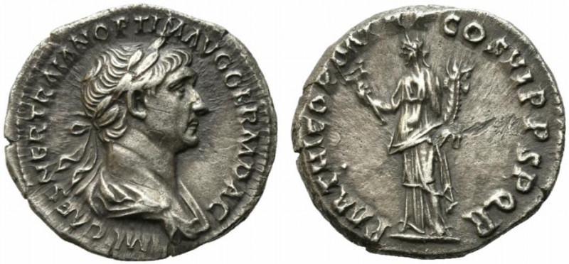 Trajan (98-117). AR Denarius (19mm, 3.14g). Rome, c. 116-7. Laureate and draped ...