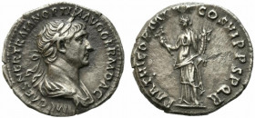 Trajan (98-117). AR Denarius (19mm, 3.14g). Rome, c. 116-7. Laureate and draped bust r. R/ Felicitas standing l., holding caduceus and cornucopia. RIC...