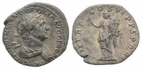 Trajan (98-117). AR Denarius (18mm, 2.99g, 7h). Rome, 114-6. Laureate and draped bust r. R/ Felicitas standing l., holding caduceus and corucopia. RIC...