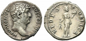 Hadrian (117-138). AR Denarius (17.5mm, 3.33g). Rome, AD 136. Bare head r. R/ Fides standing r., holding grain ears and plate of fruit. RIC II.3 2200;...