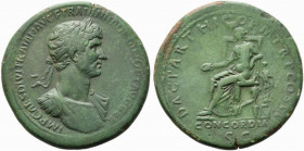 Hadrian (117-138). Æ Sestertius (34mm, 25.03g). Rome, AD 117. Laureate and cuirassed bust r., slight drapery on l. shoulder. R/ Concordia seated l., h...