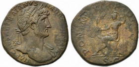 Hadrian (117-138). Æ Sestertius (34mm, 29.28g). Rome, 119-123. Laureate bust r., with slight drapery on far shoulder. R/ Jupiter seated l. on throne, ...