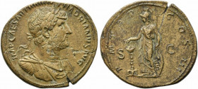 Hadrian (117-138). Æ Sestertius (35mm, 22.24g). Rome, 119-123. Laureate, draped and cuirassed bust r. R/ Minerva standing l., dropping incense on cand...