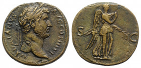 Hadrian (117-138). Æ Sestertius (30mm, 20.83g, 6h). Rome, 134-8. Laureate head r. R/ Nemesis standing r., holding fold of dress and olive branch. RIC ...