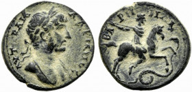 Hadrian (117-138). Pisidia, Baris. Æ (19mm, 2.57g, 6h). Laureate bust r., drapery on far shoulder. R/ Horseman galloping r., spearing serpent. RPC III...