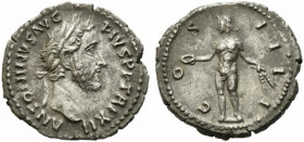 Antoninus Pius (138-161). AR Denarius (19mm, 3.74g). Rome, 148-9. Laureate head r. R/ Genius standing l., holding patera and two grain ears. RIC III 1...