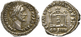 Antoninus Pius (138-161). AR Denarius (17mm, 3.44g, 6h). Rome, 157-8. Laureate head r. R/ Temple of Divus Augustus: octastyle temple containing statue...