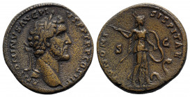 Antoninus Pius (138-161). Æ Sestertius (33mm, 26.03g, 11h). Rome, c. 141-3. Laureate head r. R/ Juno Sospita advancing r., brandishing javelin and hol...