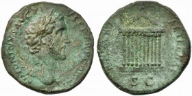 Antoninus Pius (138-161). Æ Sestertius (33mm, 21.76g). Rome, c. 141-3. Laureate head r. R/ Decastyle temple, with statues on roof and in pediment. RIC...