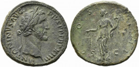 Antoninus Pius (138-161). Æ Sestertius (33mm, 25.09g). Rome, 150-1. Laureate head r. R/ Aequitas standing l., holding scales and cornucopia. RIC III 8...