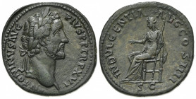 Antoninus Pius (138-161). Æ Sestertius (35mm, 23.88g, 6h). Rome, 152-3. Laureate head r. R/ Indulgentia seated l. on throne, extending hand and holdin...